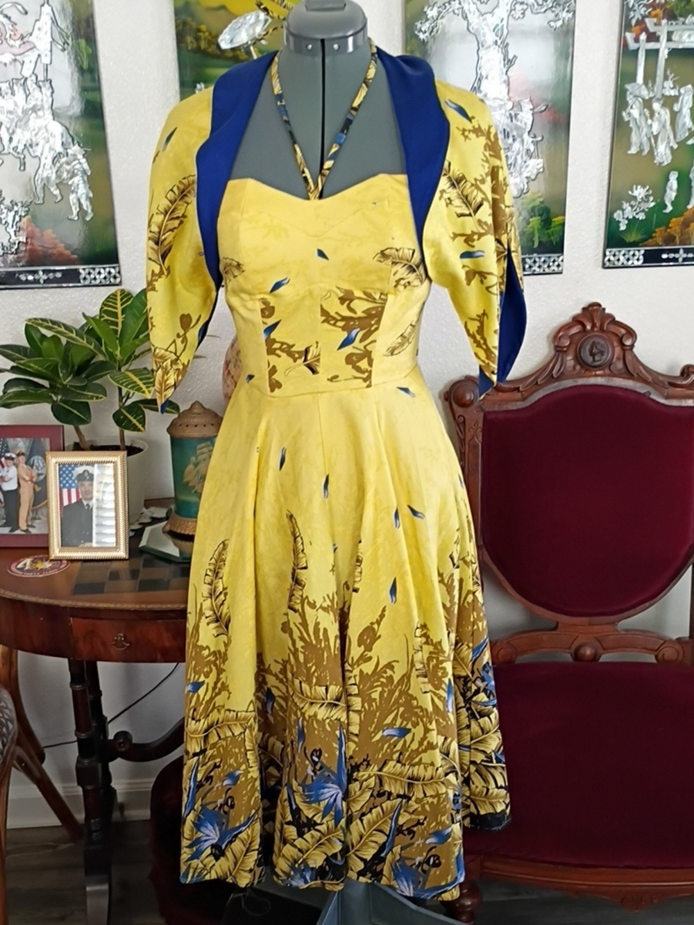 Deadly James Hawaiian Tiki Pin-up Dress Yellow And Blue Cotton Size Small